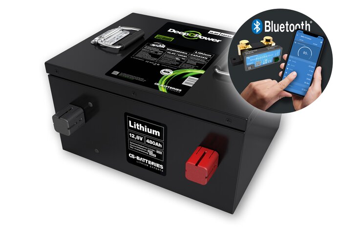 schwarze 480Ah Caravan Untersitzbatterie mit Bluetooth Mess Shunt