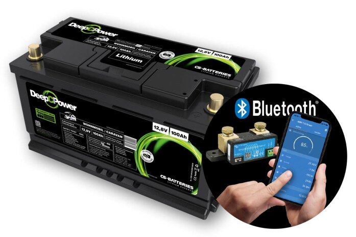 100Ah | 12,8V | 1280Wh | Lithium LiFePO4 Caravan Batterie |  integrierter 500A Bluetooth-Mess-Shunt