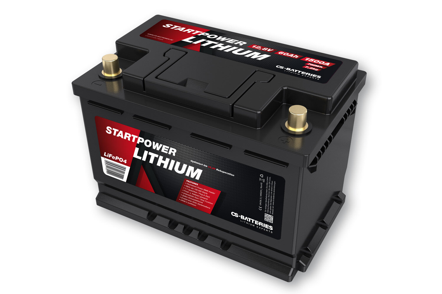 Lithium LiFePo4 Auto Starter Batterie 12,8V | 60Ah | 1500A(EN) |  Multi-Connect BMS inside | 278 x 174 x 190mm | ~8,6kg | Pb-eq 125Ah