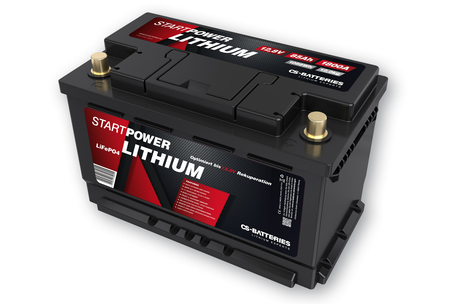 Lithium LiFePo4 Auto Starter Batterie 12,8V | 85Ah | 1800A(EN) |  Multi-Connect BMS inside | 315 x 174 x 190mm | ~12,0kg | Pb-eq 185Ah