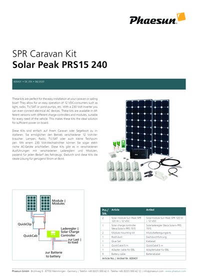 SPR Caravan Kit Solar Peak PRS15 240W | 12V Datenblatt