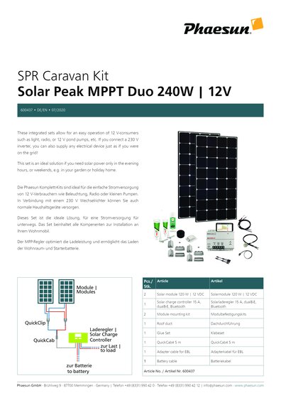 SPR Caravan Kit Solar Peak MPPT DUO 240 W | 12V Datenblatt