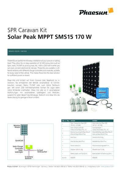 SPR Caravan Kit Solar Peak MPPT SMS15 170 W | 12V Datenblatt
